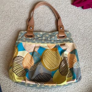 FOSSIL KEYPER waxed canvas w leather trim fun polka dot circle strip pattern